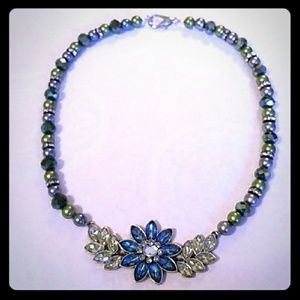 Vintage Blue and Teal Green Flower Bead Necklace